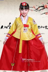 Hanbok Bé Gái Chuẩn Hàn Quốc Áo Vàng Váy Đỏ
