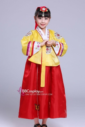 Hanbok Bé Gái Chuẩn Hàn Quốc Áo Vàng Váy Đỏ