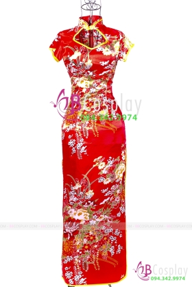 Sườn Xám Đỏ Phi Dài Cổ Khoét Có Tay