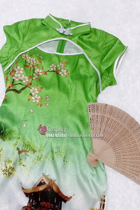 Sườn Xám Gấm Thái Xanh Chùa Một Cột