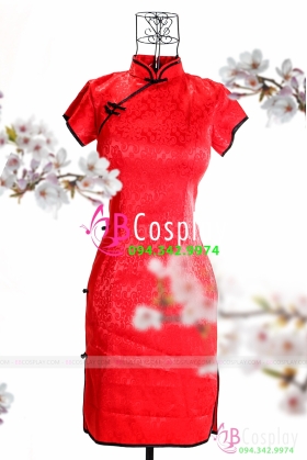 Sườn Xám Gấm Thái Đỏ Ngắn