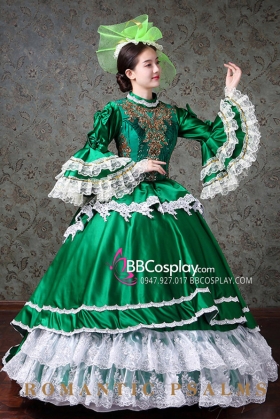 Đầm Châu Âu Xanh Lá Vintage 15Th Century