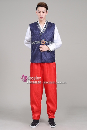 Hanbok Cho Nam Hàn Quốc Gấm Xanh Quần Đỏ