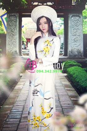 Áo Dài Chim Hạc Hoa Mai Nền Trắng