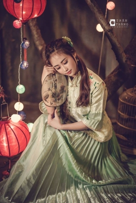 Bộ Áo Váy Sườn Xám Cách Tân Chụp Ảnh Thu Tone Xanh Mint