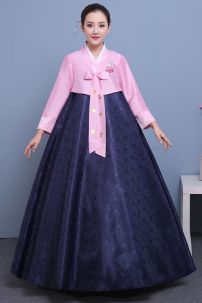 Hanbok Hàn Quốc Áo Hồng Váy Xanh Gấm