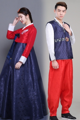 Cặp Hanbok Nam Nữ Tone Màu Đỏ Xanh Chụp Cưới
