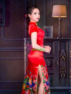 Sườn Xám Phi Lụa Dài Họa Tiết Công