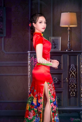 Sườn Xám Phi Lụa Dài Họa Tiết Công