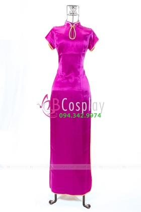 Sườn Xám Phi Lụa Tím Dài Size L