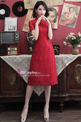 Sườn Xám Thượng Hải Cổ Điển Đỏ Ren Lá Liễu Xẻ Tà