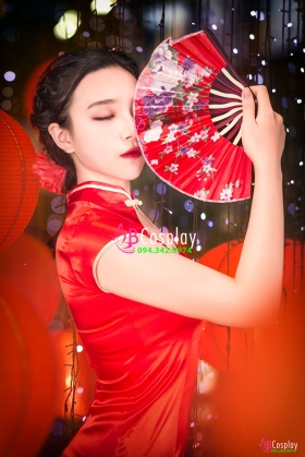 Sườn Xám Đỏ Phi Lụa