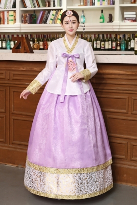 Hanbok Hàn Quốc Gấm Áo Trắng Váy Gấm Tím 45