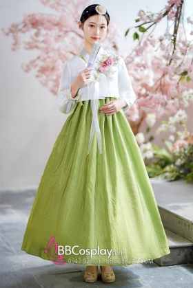 Hanbok Hàn Quốc Áo Trắng Váy Xanh Siêu Xinh Xắn
