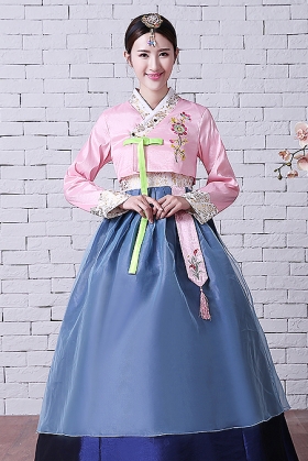 Hanbok Hàn Quốc 48 Áo Hồng Váy Xanh 2 Lớp