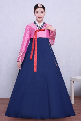 Hanbok Hàn Quốc In Họa Tiết Bạc Áo Hồng Váy Xanh Tay Áo