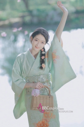 Áo Yukata Kimono Xanh Pastel Tặng Kèm Thắt Lưng