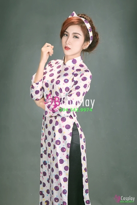 Áo Dài Cô Ba Sài Gòn Trắng Chấm Bi Tím