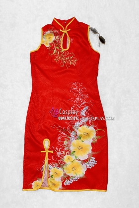 Sườn Xám Gấm Đỏ Hoa Không Tay Size L