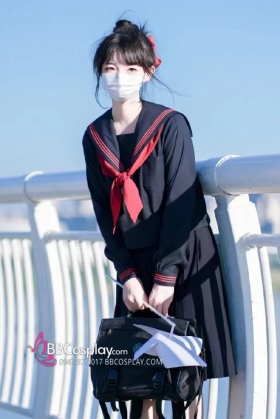 Đồng Phục Nữ Sinh Áo Đen Sọc Đỏ Tay Dài - Kèm Khăn Quàng Đỏ