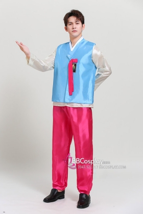 Trang Phục Hanbok Nam Áo Xanh Quần Hồng Sen