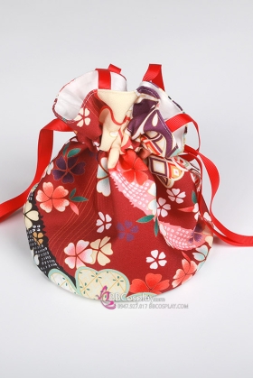 Túi Kinchaku - Túi Thơm Kimono Yukata Đỏ Và Hoa Nhiều Màu