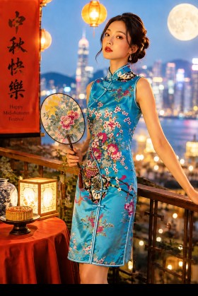 Sườn Xám Xanh Phi Ngắn Cổ Tàu Không Tay Size L