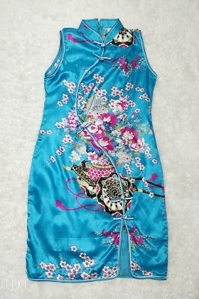 Sườn Xám Xanh Phi Ngắn Cổ Tàu Không Tay Size L