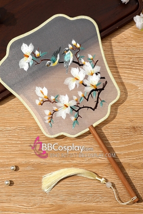 Quạt Ba Tiêu Thêu Hoa Mộc Lan Và Yến Nhỏ