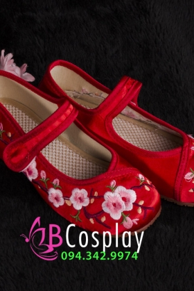 Giày Cổ Trang Trẻ Em Đỏ Thêu Hoa Đào