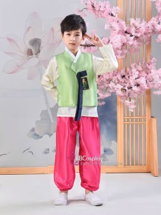 Hanbok Bé Trai Chuẩn Hàn Áo Xanh Lá Quần Hồng