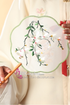 Quạt Hoa Thêu Hoa Lài Tone Xanh