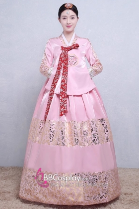 Hanbok Áo Hồng Váy Hồng Gấm In Nhũ