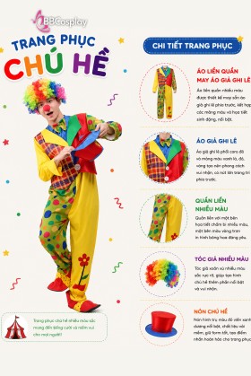 Trang Phục Chú Hề Áo Liền Quần Hoạ Tiết Nhiều Màu Mặc Vest Kèm Nón