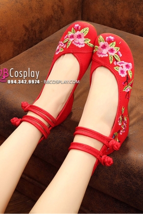 Giày Đỏ Thêu Hoa Hồng - Hài Hán Phục Thêu