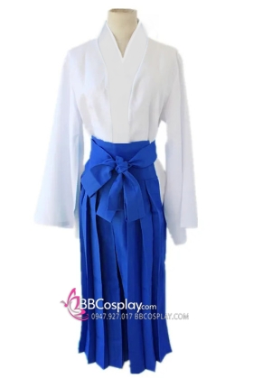 Yukata Áo Trắng Hakama Xanh Dương