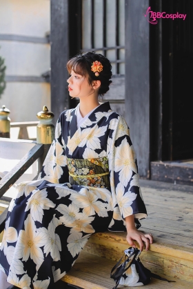 Yukata Nền Đen Hoạ Tiết Hoa Trắng Nhuỵ Vàng
