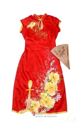 Sườn Xám Đỏ Gấm Thái Hoa Vàng Size M