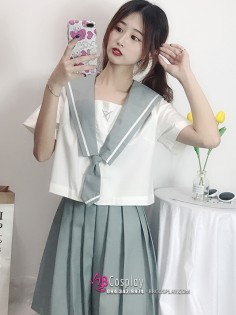 Trang Phục Nữ Sinh Nhật Áo Trắng Tay Ngắn Váy Xanh Xám