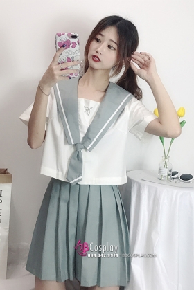 Trang Phục Nữ Sinh Nhật Áo Trắng Tay Ngắn Váy Xanh Xám