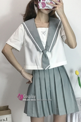 Trang Phục Nữ Sinh Nhật Áo Trắng Tay Ngắn Váy Xanh Xám