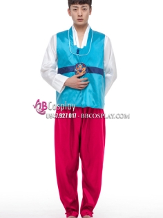 Hanbok Hàn Quốc Nam Áo Xanh Quần Hồng Đỏ