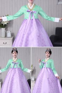 Hanbok Hàn Quốc Gấm Váy Tím Áo Xanh Ngọc Viền Vàng