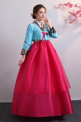 Hanbok Hàn Quốc 2 Lớp Voan Thêu Áo Xanh Váy Hồng